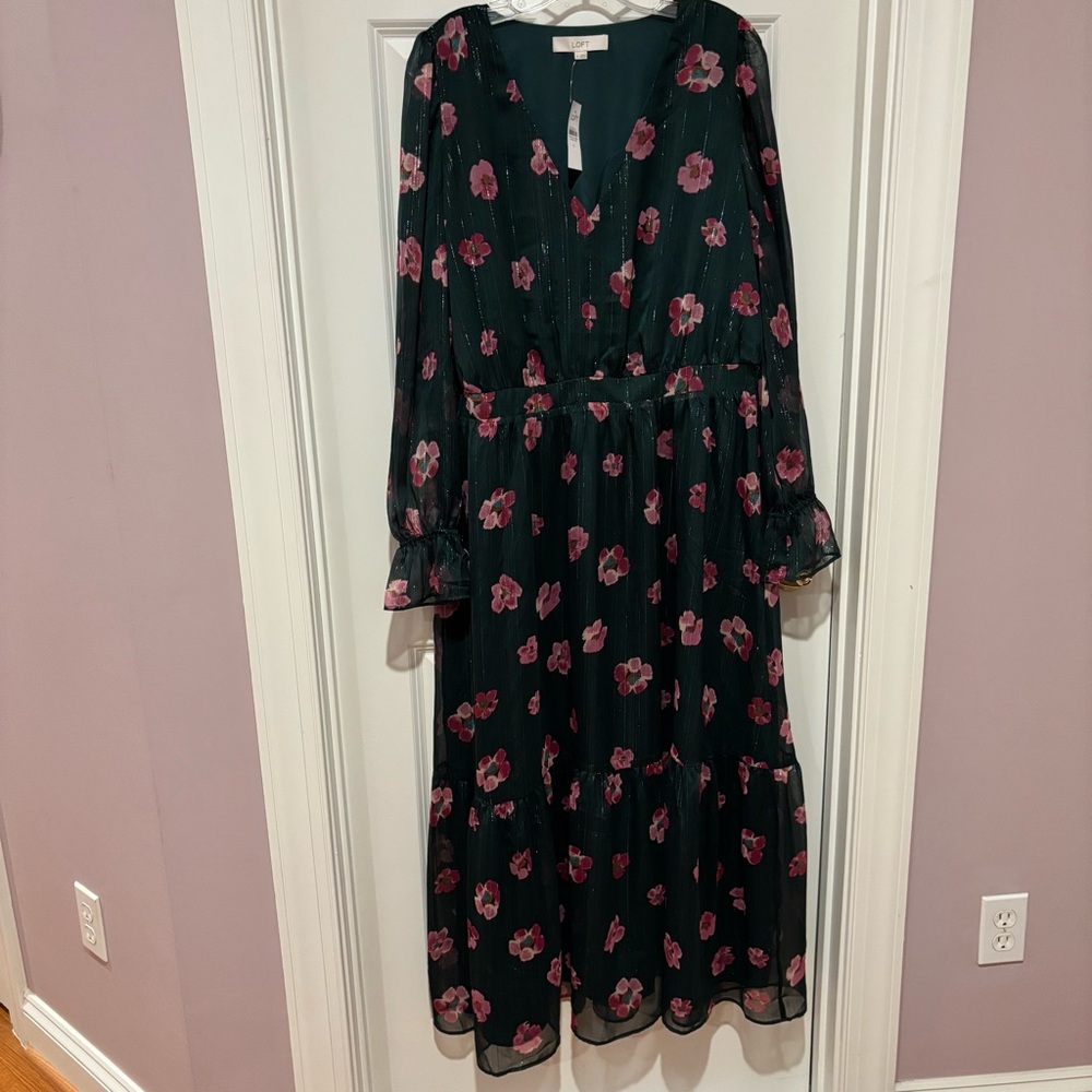 LOFT Pink and Green Tiered Sundress with Sheer Sleeves